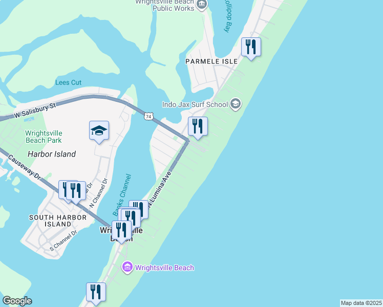 map of restaurants, bars, coffee shops, grocery stores, and more near 19 East Henderson Street in Wrightsville Beach