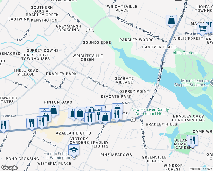 map of restaurants, bars, coffee shops, grocery stores, and more near 207 Greenville Avenue in Wilmington