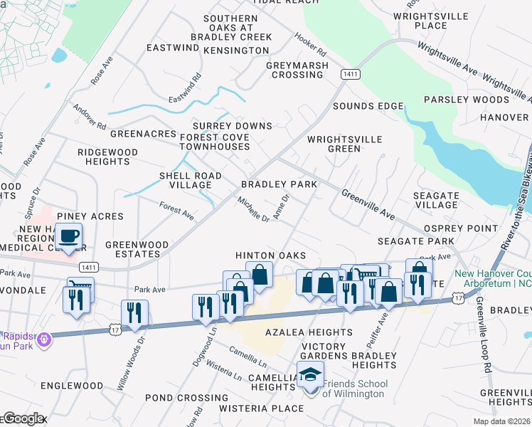 map of restaurants, bars, coffee shops, grocery stores, and more near 5834 Michelle Drive in Wilmington
