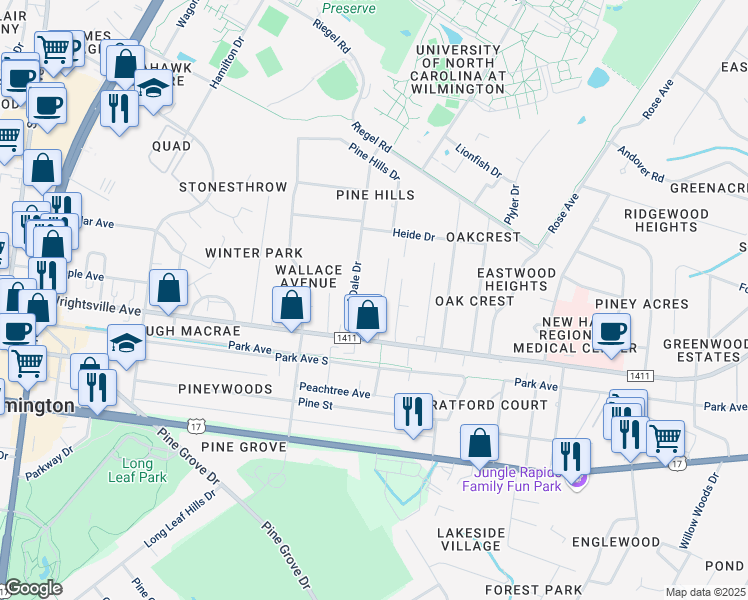 map of restaurants, bars, coffee shops, grocery stores, and more near 210 Wood Dale Drive in Wilmington