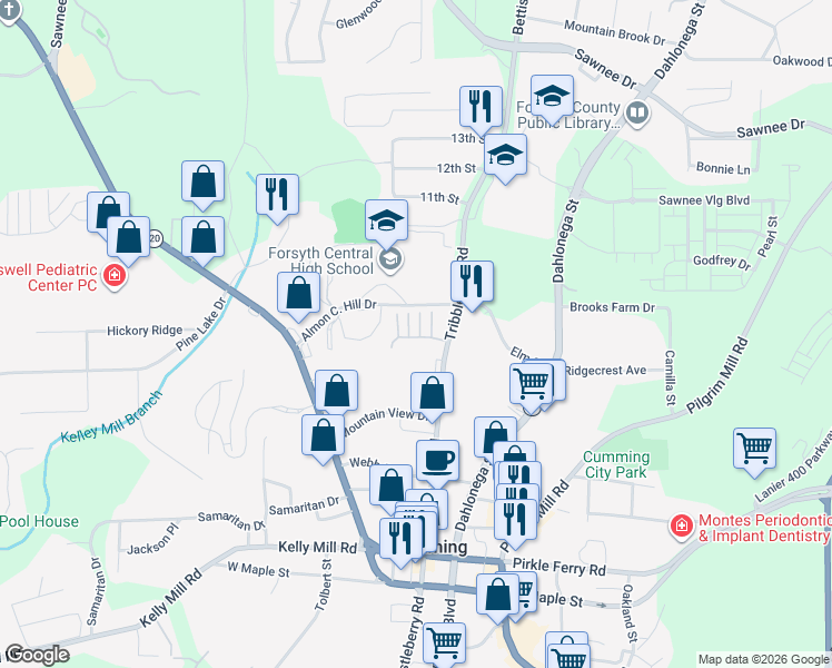 map of restaurants, bars, coffee shops, grocery stores, and more near 460 Tribble Gap Road in Cumming