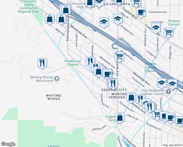 map of restaurants, bars, coffee shops, grocery stores, and more near 3000 Honolulu Ave in La Crescenta-Montrose
