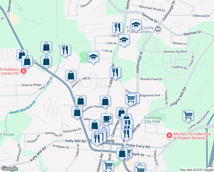 map of restaurants, bars, coffee shops, grocery stores, and more near 460 Tribble Gap Road in Cumming