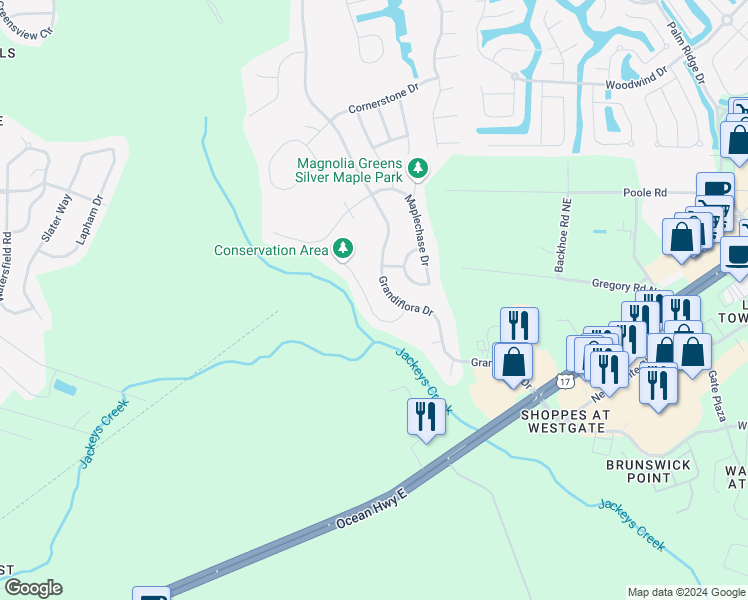 map of restaurants, bars, coffee shops, grocery stores, and more near 1021 Cherrywood Court in Leland