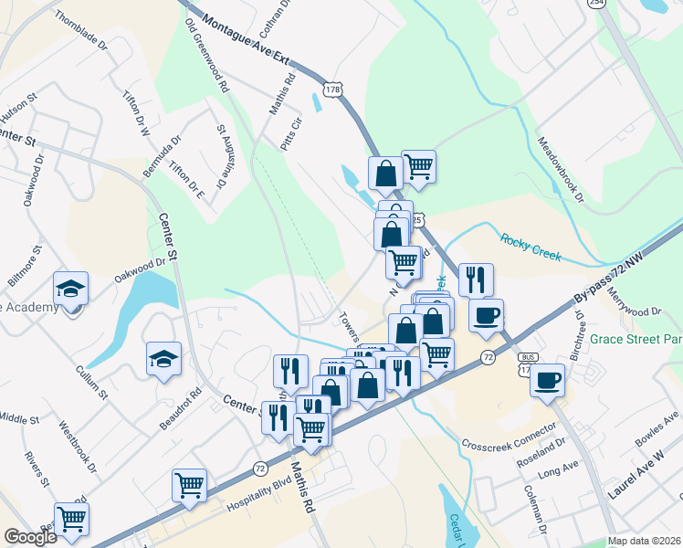 map of restaurants, bars, coffee shops, grocery stores, and more near 622 Cobb Road in Greenwood