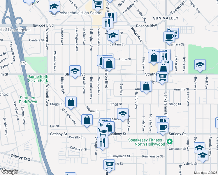 map of restaurants, bars, coffee shops, grocery stores, and more near 7904 Laurel Canyon Boulevard in Los Angeles