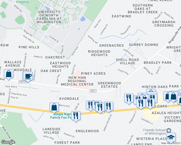 map of restaurants, bars, coffee shops, grocery stores, and more near 214 Forest Road in Wilmington