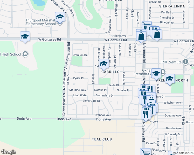 map of restaurants, bars, coffee shops, grocery stores, and more near 1221 Gallatin Place in Oxnard