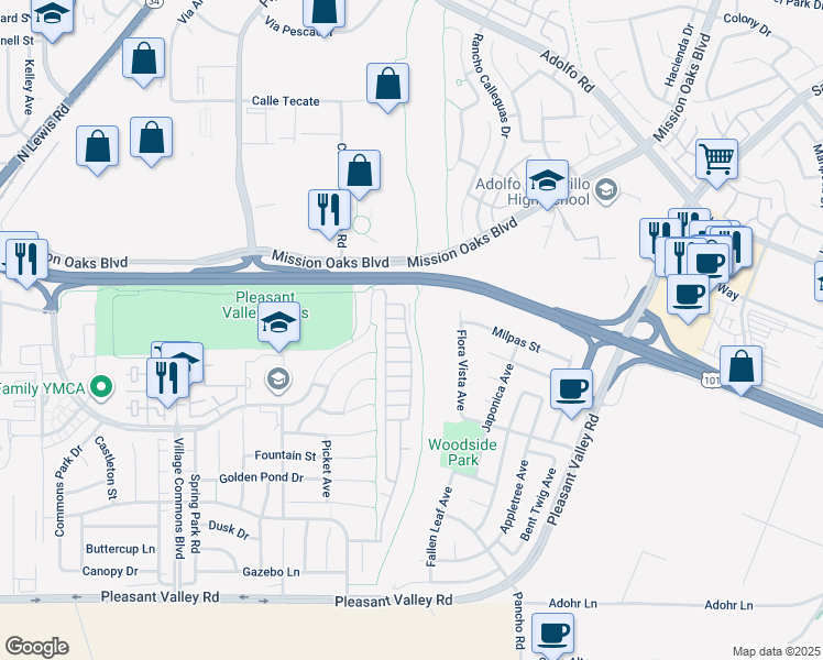 map of restaurants, bars, coffee shops, grocery stores, and more near 2 Camarillo Street in Camarillo