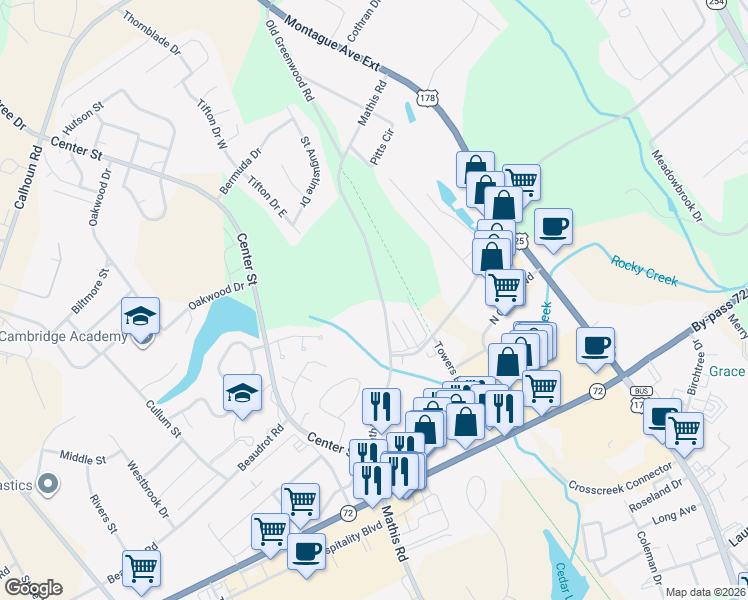 map of restaurants, bars, coffee shops, grocery stores, and more near 1365 Mathis Road in Greenwood