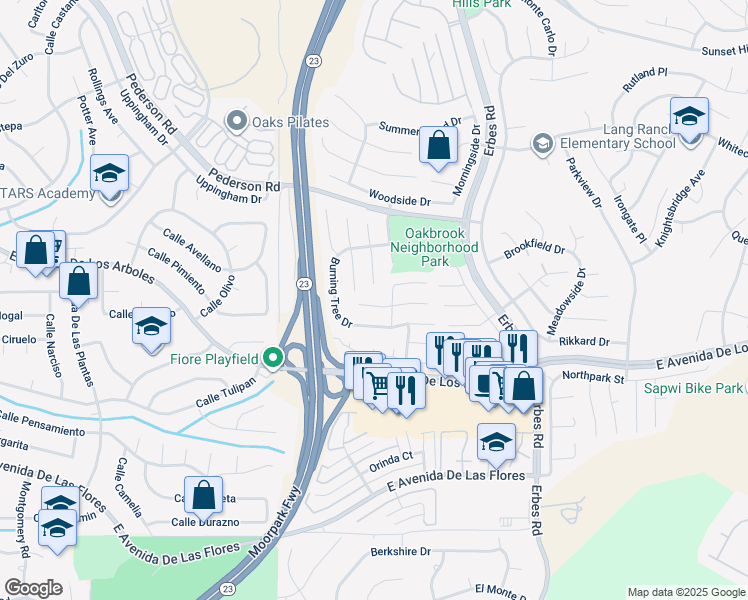 map of restaurants, bars, coffee shops, grocery stores, and more near 1739 Sandal Wood Place in Thousand Oaks