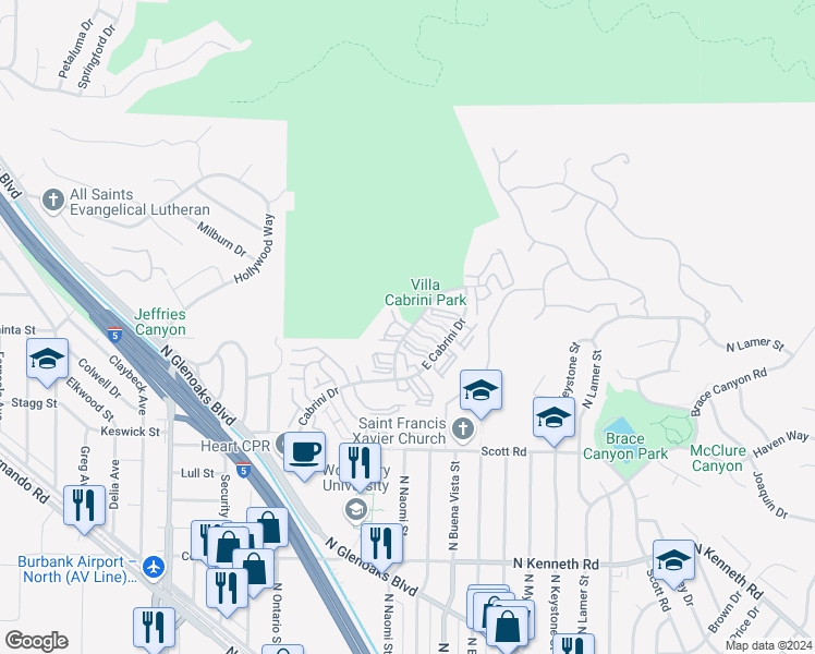 map of restaurants, bars, coffee shops, grocery stores, and more near 9537 Vía Venezia in Burbank