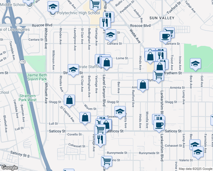 map of restaurants, bars, coffee shops, grocery stores, and more near 7904 Laurel Canyon Boulevard in Los Angeles