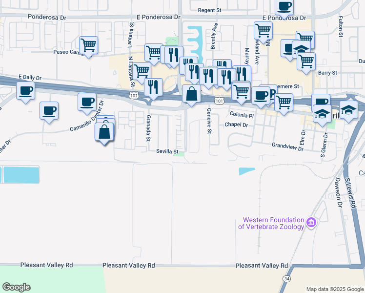 map of restaurants, bars, coffee shops, grocery stores, and more near 1589 La Verada Court in Camarillo