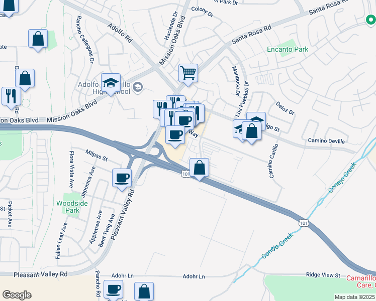 map of restaurants, bars, coffee shops, grocery stores, and more near 5036 Robles Street in Camarillo