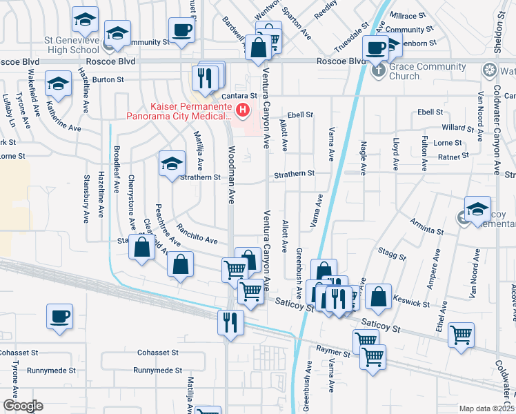 map of restaurants, bars, coffee shops, grocery stores, and more near 7901 Ventura Canyon Avenue in Los Angeles