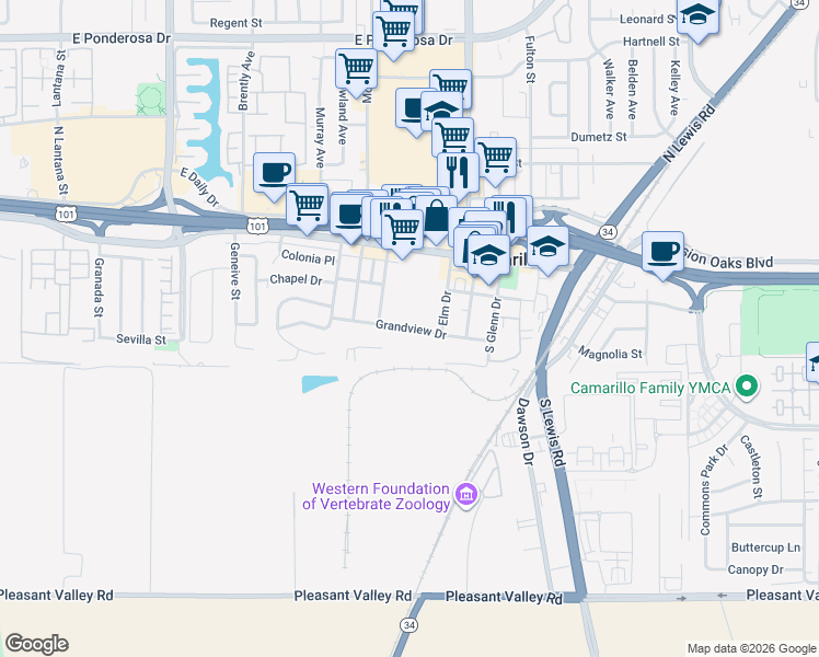 map of restaurants, bars, coffee shops, grocery stores, and more near 2180 Grandview Drive in Camarillo