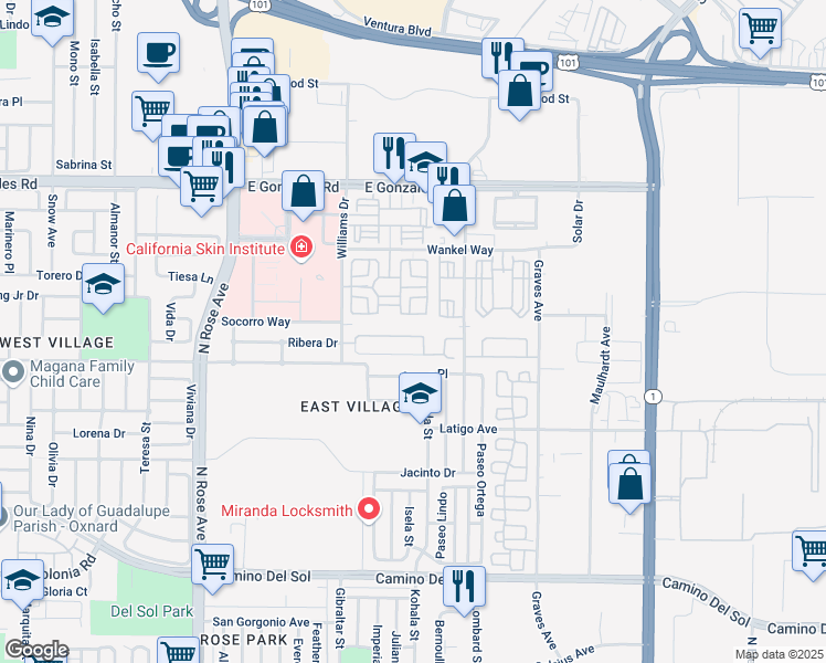 map of restaurants, bars, coffee shops, grocery stores, and more near 2153 Ribera Drive in Oxnard