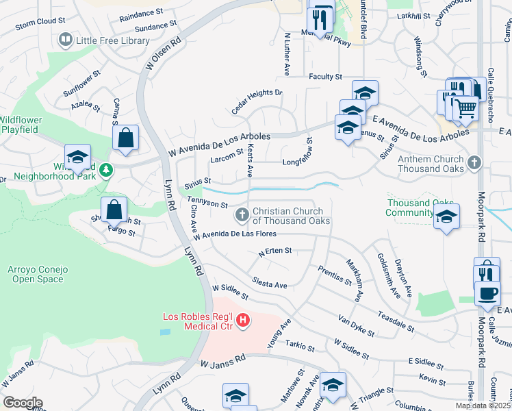 map of restaurants, bars, coffee shops, grocery stores, and more near 226 Tennyson Street in Thousand Oaks