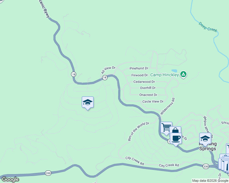 map of restaurants, bars, coffee shops, grocery stores, and more near 31153 All View Drive in Running Springs