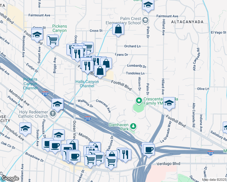 map of restaurants, bars, coffee shops, grocery stores, and more near 2102 La Canada Crest Drive in La Cañada Flintridge