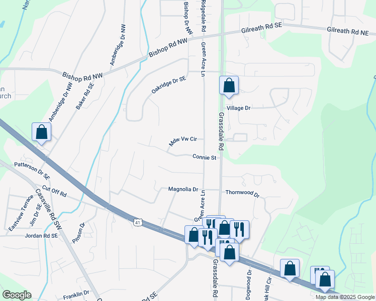 map of restaurants, bars, coffee shops, grocery stores, and more near 8 Connie Street in Cartersville