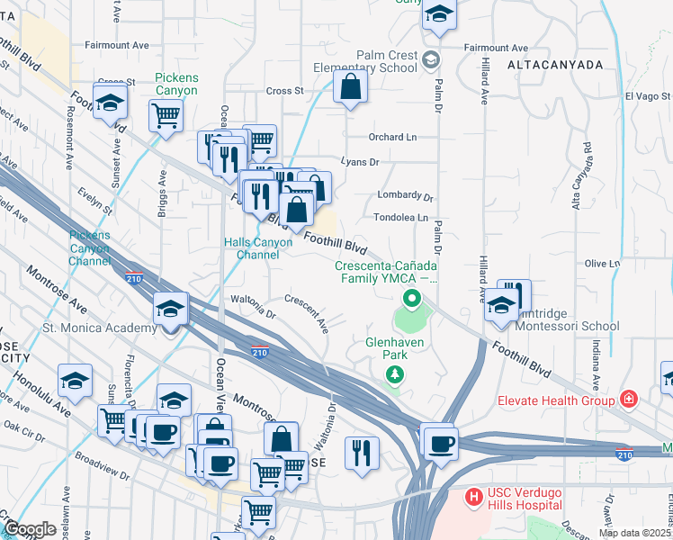 map of restaurants, bars, coffee shops, grocery stores, and more near 2102 La Canada Crest Drive in La Cañada Flintridge