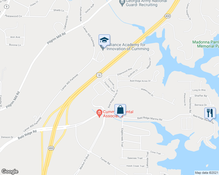 map of restaurants, bars, coffee shops, grocery stores, and more near 1237 Fischer Trace in Cumming