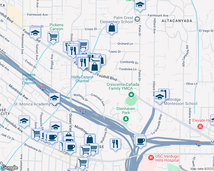 map of restaurants, bars, coffee shops, grocery stores, and more near 2102 La Canada Crest Drive in La Cañada Flintridge