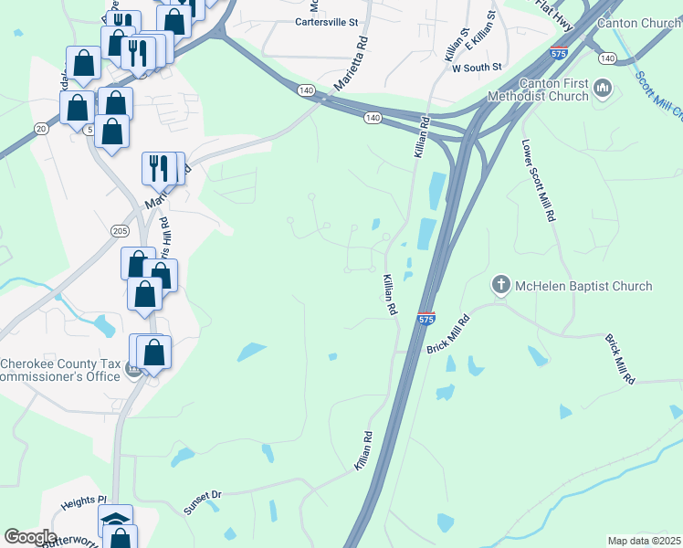 map of restaurants, bars, coffee shops, grocery stores, and more near 327 Morning Frost in Canton