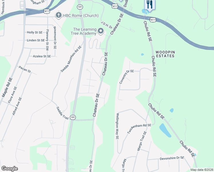 map of restaurants, bars, coffee shops, grocery stores, and more near 2 Cliffview Drive Southeast in Rome