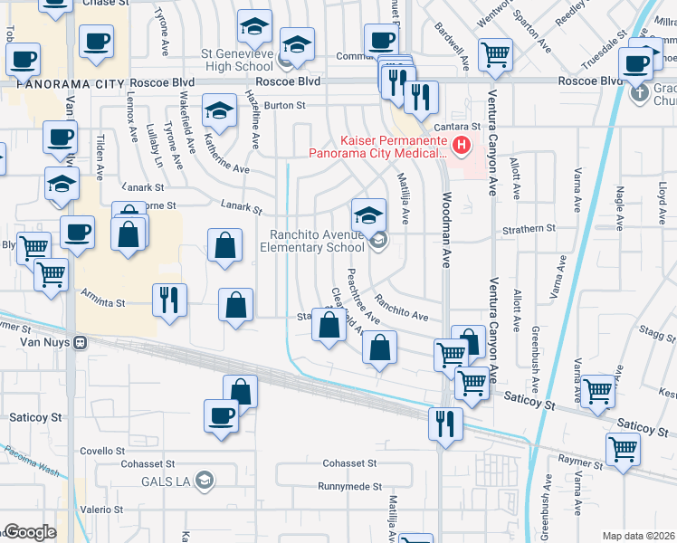 map of restaurants, bars, coffee shops, grocery stores, and more near 7900 Clearfield Avenue in Los Angeles