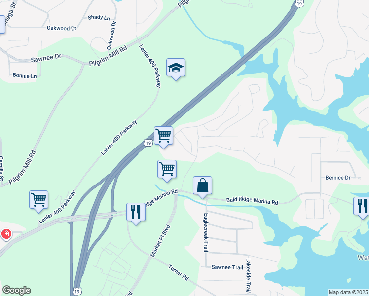 map of restaurants, bars, coffee shops, grocery stores, and more near 1219 Fischer Trace in Cumming
