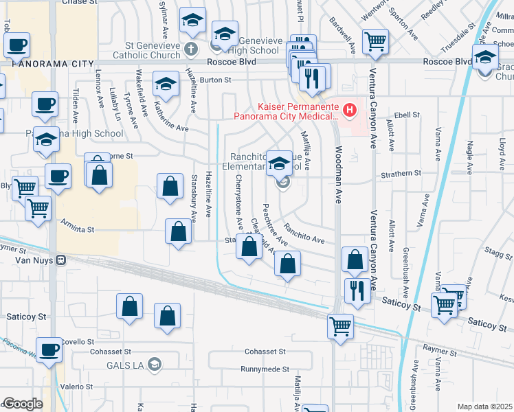 map of restaurants, bars, coffee shops, grocery stores, and more near 7900 Clearfield Avenue in Los Angeles