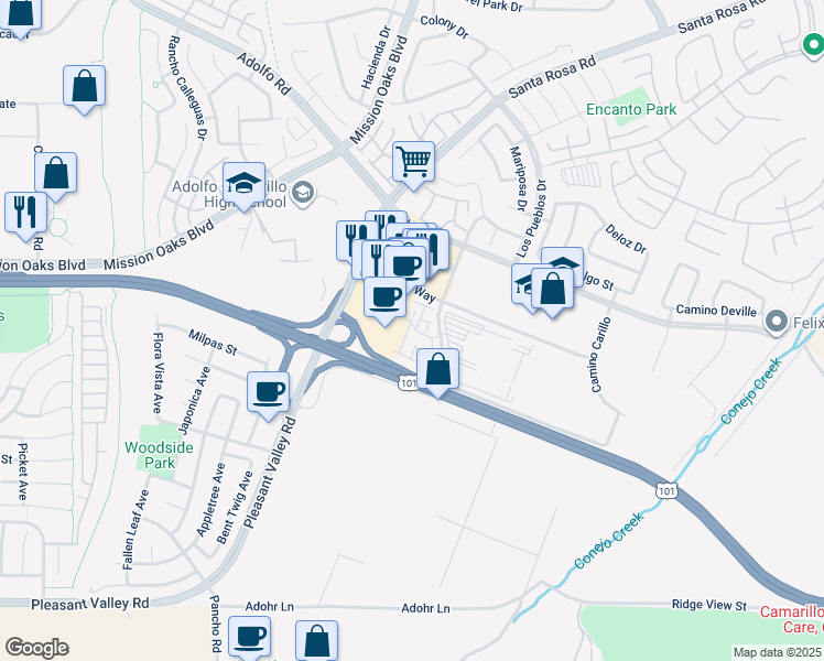map of restaurants, bars, coffee shops, grocery stores, and more near 5020 Robles Street in Camarillo