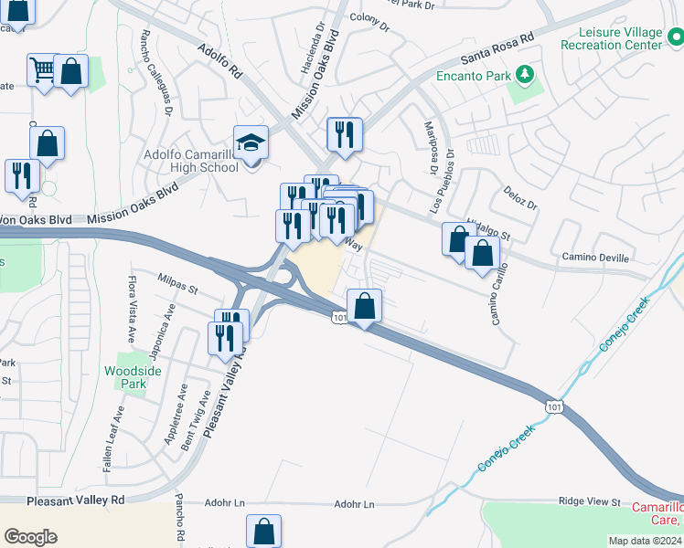 map of restaurants, bars, coffee shops, grocery stores, and more near 5020 Robles Street in Camarillo