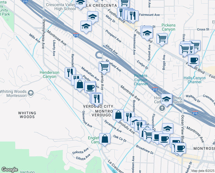 map of restaurants, bars, coffee shops, grocery stores, and more near 2745 Piedmont Avenue in Glendale