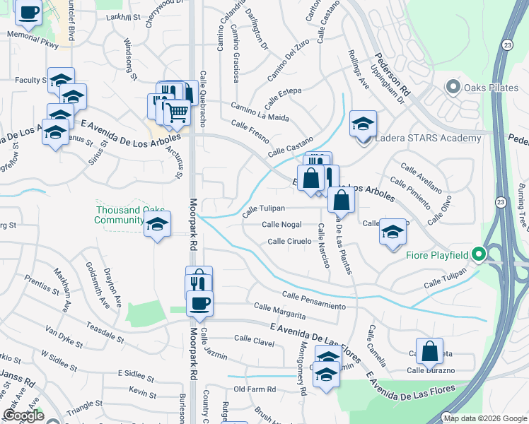 map of restaurants, bars, coffee shops, grocery stores, and more near 836 Calle Nogal in Thousand Oaks