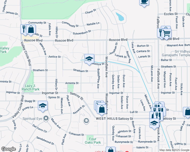 map of restaurants, bars, coffee shops, grocery stores, and more near 23265 Blythe Street in Los Angeles