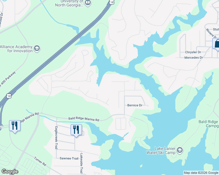 map of restaurants, bars, coffee shops, grocery stores, and more near 2405 Peachtree Road in Cumming