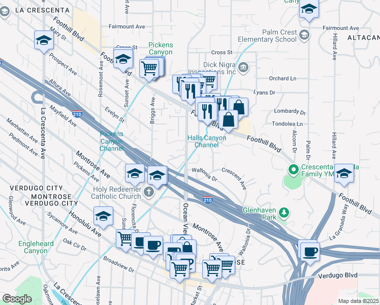 map of restaurants, bars, coffee shops, grocery stores, and more near 2274 Luana Lane in La Crescenta-Montrose