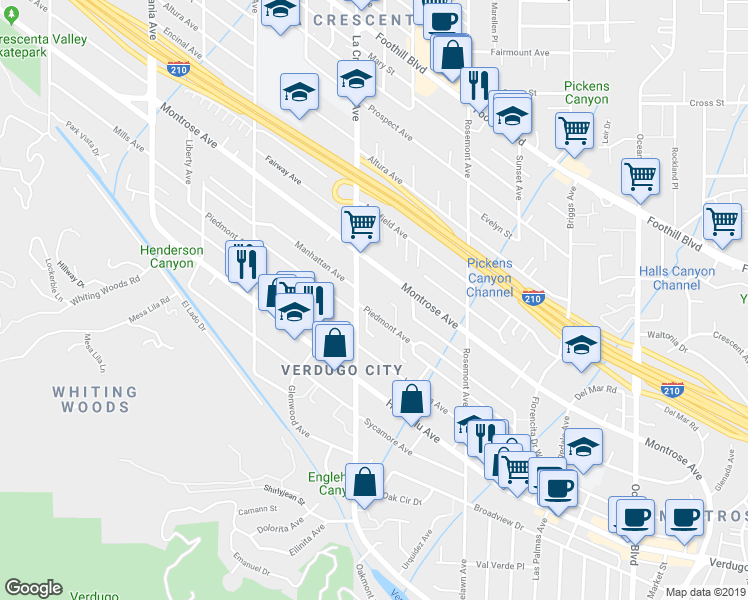 map of restaurants, bars, coffee shops, grocery stores, and more near 2742 Piedmont Avenue in Glendale
