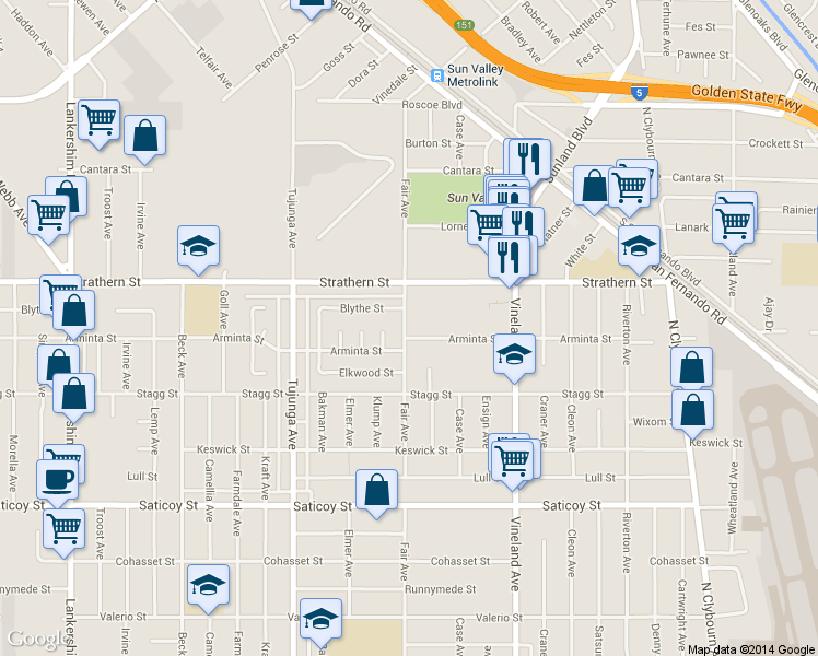 map of restaurants, bars, coffee shops, grocery stores, and more near 11134 Arminta Street in Los Angeles