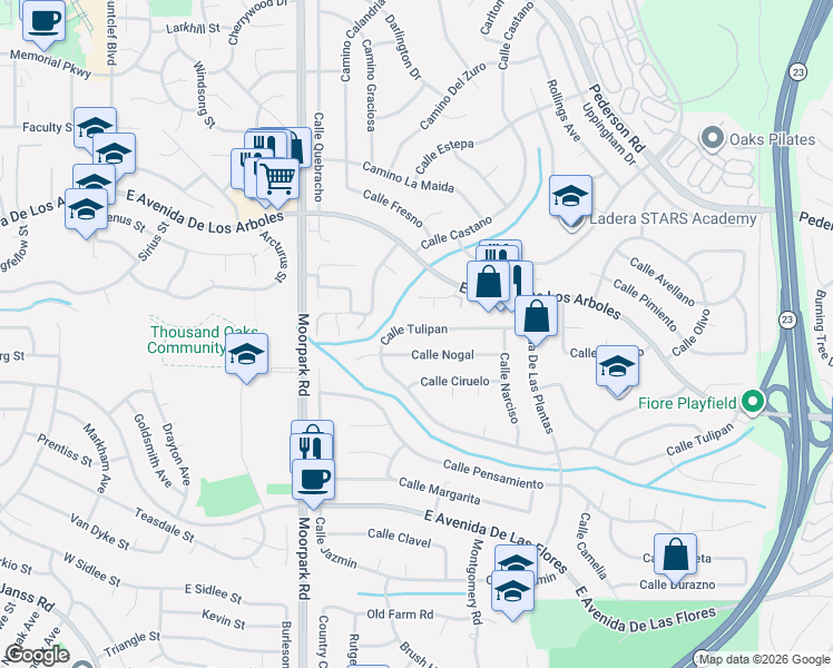 map of restaurants, bars, coffee shops, grocery stores, and more near 836 Calle Nogal in Thousand Oaks