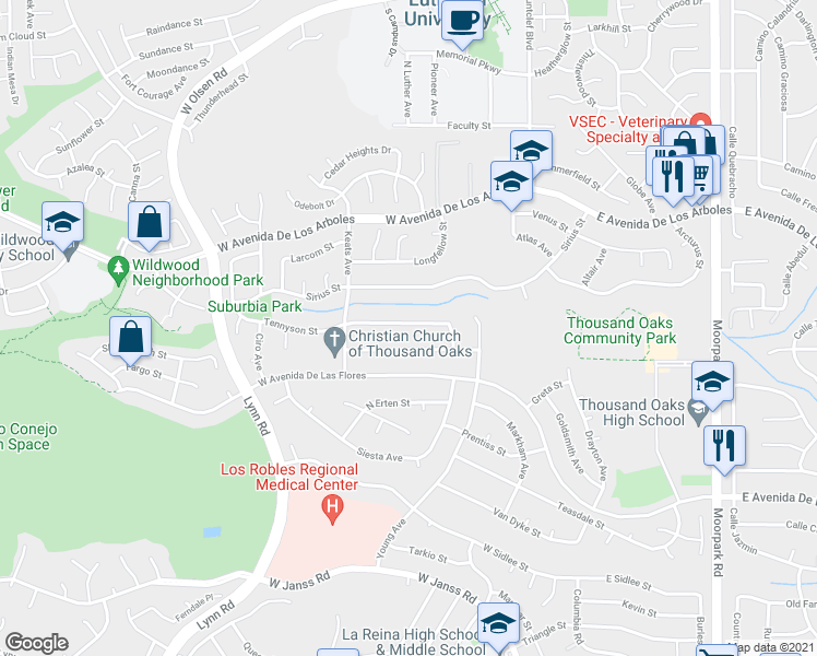 map of restaurants, bars, coffee shops, grocery stores, and more near 196 Sandberg Street in Thousand Oaks