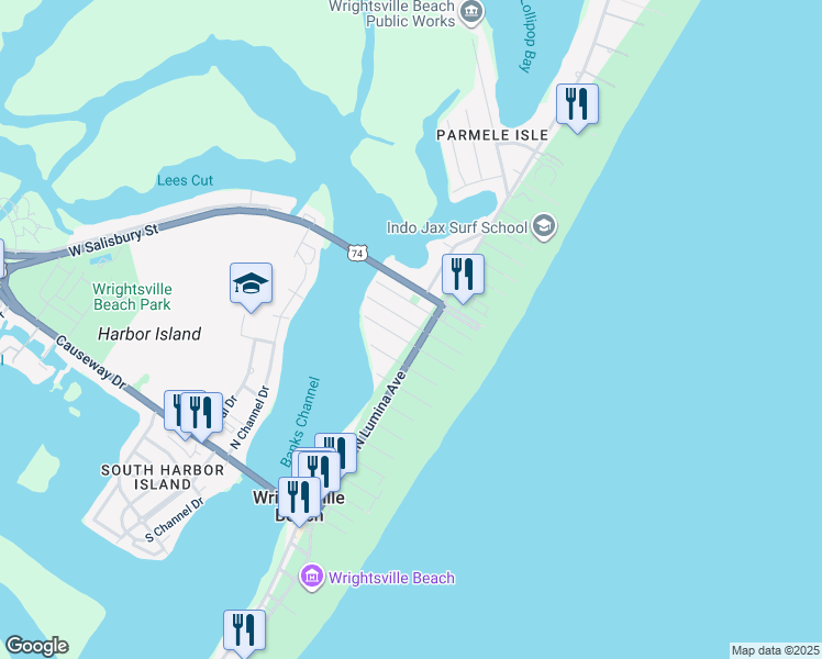 map of restaurants, bars, coffee shops, grocery stores, and more near 3 East Oxford Street in Wrightsville Beach