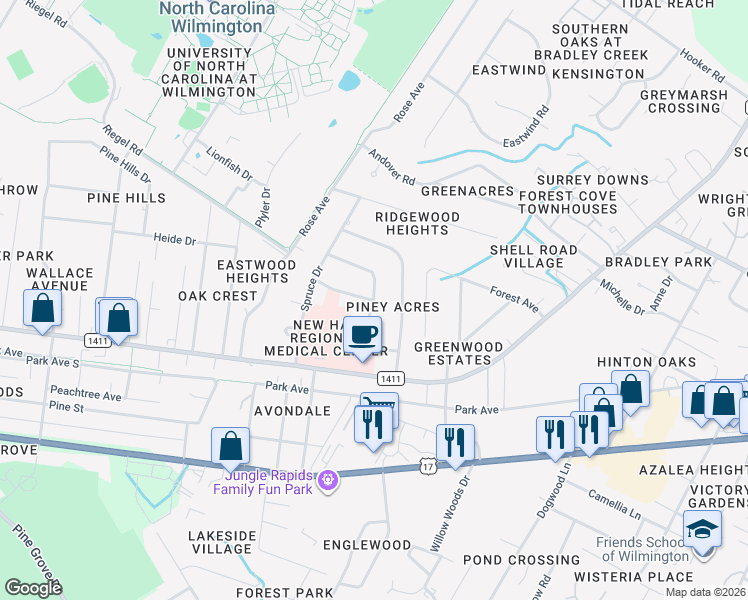 map of restaurants, bars, coffee shops, grocery stores, and more near Forest Road in Wilmington