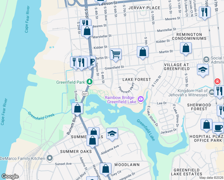 map of restaurants, bars, coffee shops, grocery stores, and more near 1501-1599 East Lake Shore Drive in Wilmington