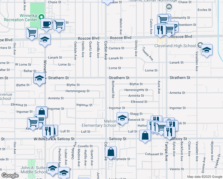 map of restaurants, bars, coffee shops, grocery stores, and more near 7915 Bothwell Road in Los Angeles