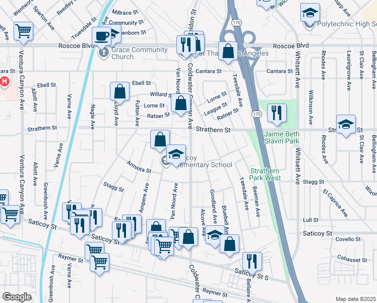 map of restaurants, bars, coffee shops, grocery stores, and more near 7846 Coldwater Canyon Avenue in Los Angeles